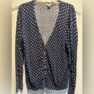 Navy Button Up Cardigan with White Polka Dots